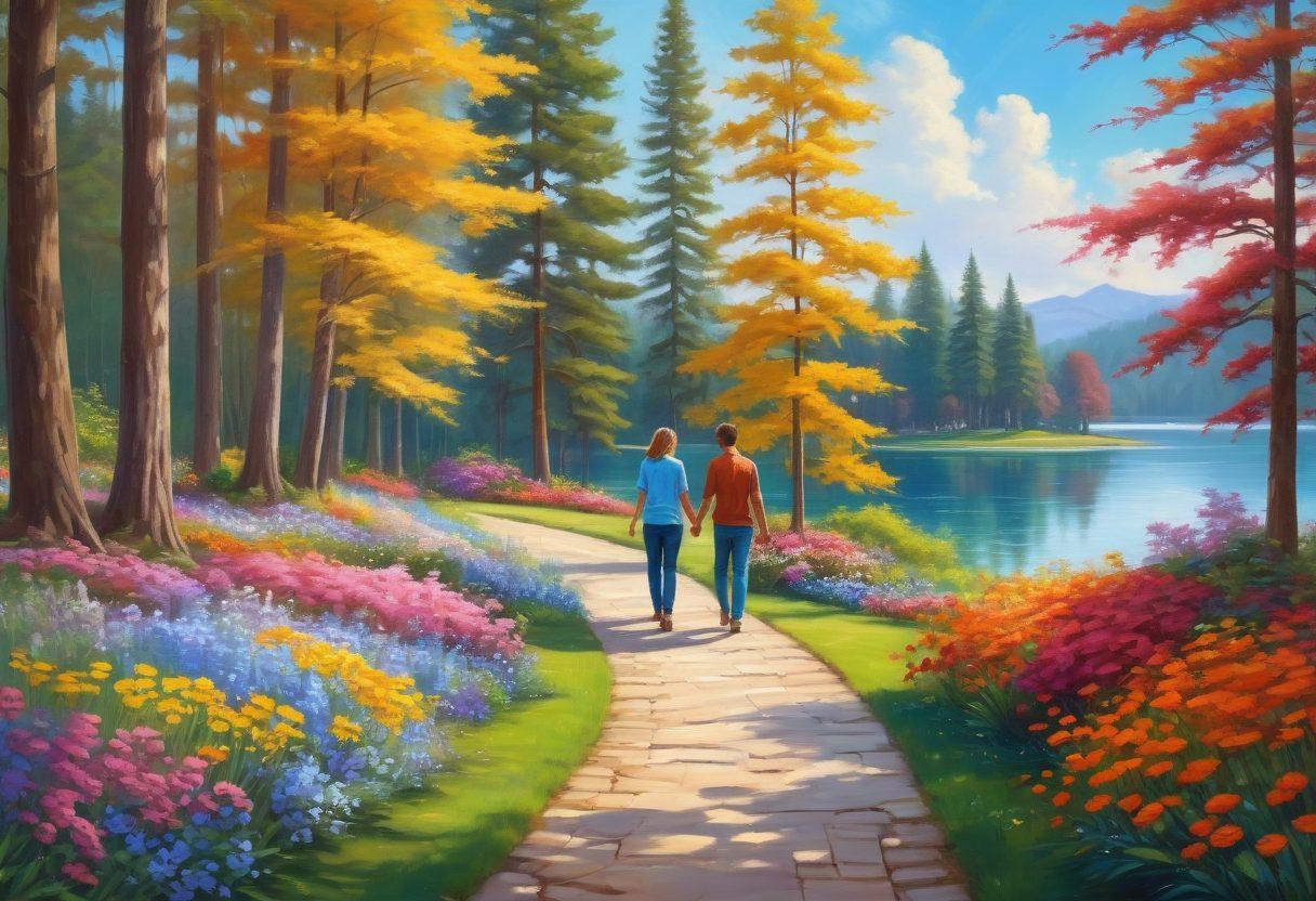 A serene, intimate scene of a couple holding hands and walking through a tranquil park, filled with colorful flowers and tall trees under a blue sky. Subtle details of shared smiles and warm glances. Include elements like a winding path and a calm lake in the background to symbolize the journey and depth of relationships. painting. vibrant colors.
