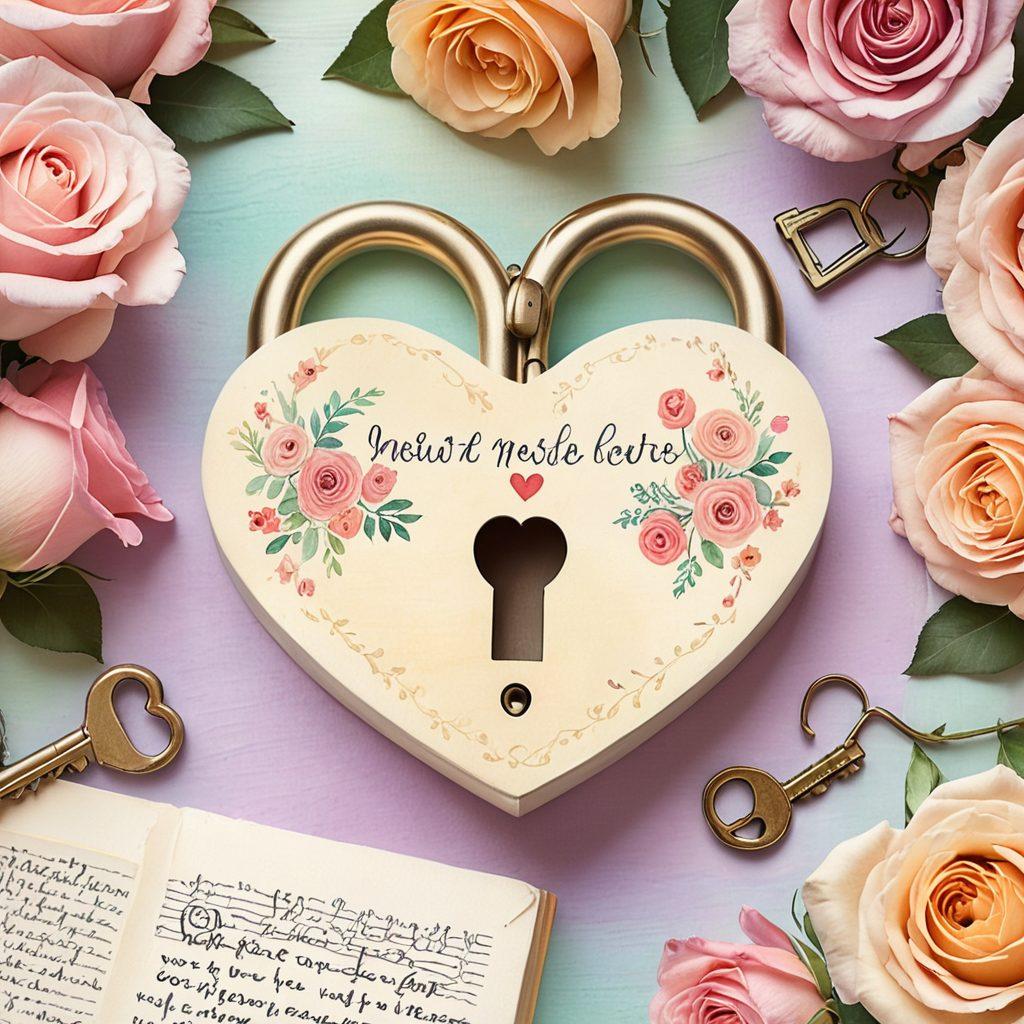 A key unlocking a heart-shaped lock, surrounded by diverse couples of varying ages and backgrounds, each sharing joyous moments together. The background includes a blend of handwritten love letters, roses, and relationship advice books. soft pastel colors, watercolor style, warm and inviting.